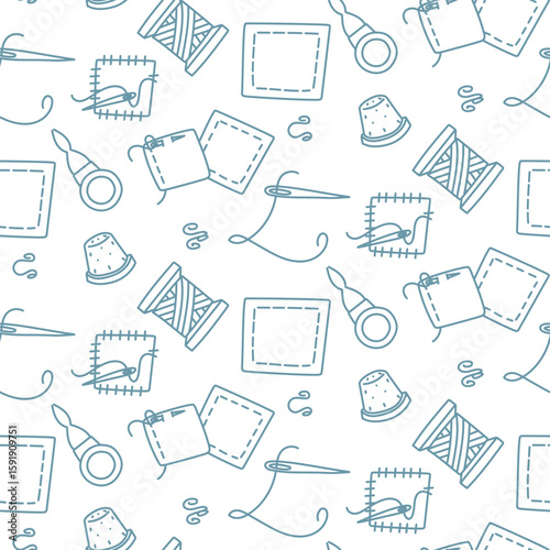 Pattern made of different fabric scraps, needle, thread, thimble, needle case, and loops. Sewing clothes. Seamless colored doodle texture. Packaging for seamstresses, tailors, and DIY brands. Handmade