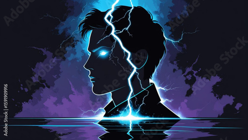 Silhouette of a man with electric energy and glowing eyes.