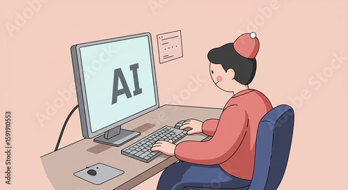 Man working on computer with AI on screen
