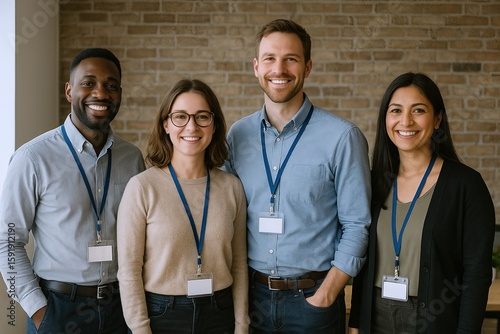 Diverse group of four smiling professionals standing together in professional attire in front of brick wall.
