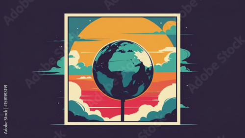 Stylized vector art of planet Earth in a frame with a retro sunset and clouds background.