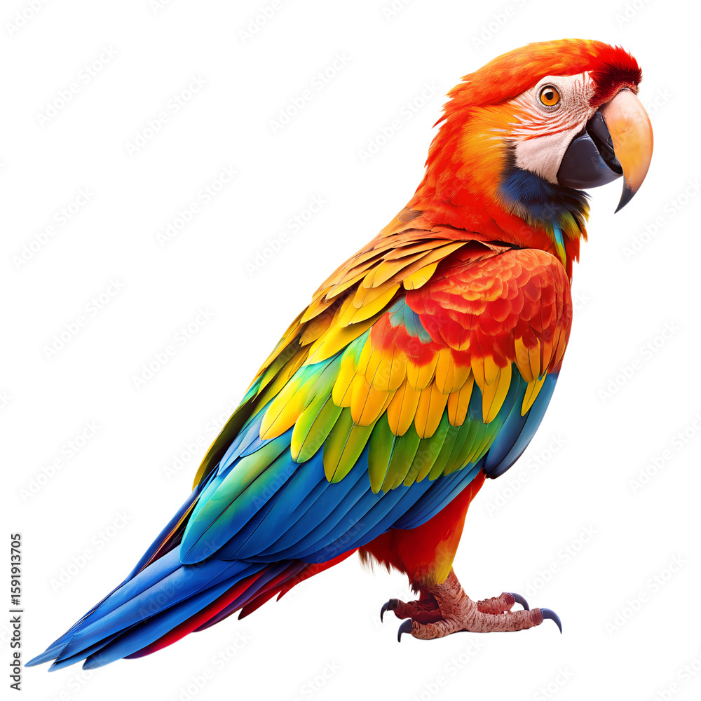 Fototapeta premium Vibrant Macaw Portrait: A captivating portrayal of a resplendent macaw, showcasing its vividly colorful plumage and intricate details, inviting viewers to marvel at the beauty of avian life.