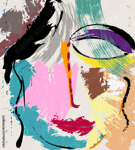 abstract colorful background, illustration with lines, waves, circles, paint strokes and splashes, face or mask