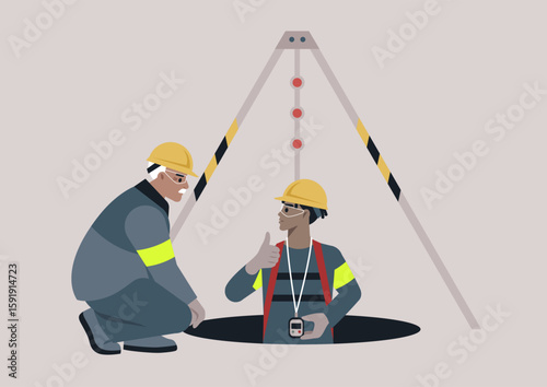 Two professionals assess conditions in a confined space, ensuring safety measures are followed while one worker prepares to enter, demonstrating teamwork and expertise in hazardous environments