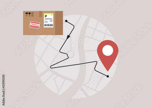 Delivery parcel map illustrating a complex route through a cityscape, showcasing logistics and navigation for efficient package arrival