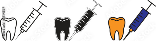 Tooth and syringe icon representing dental injection procedure or anesthesia with transparent background