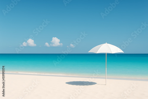 Tranquil sandy beach with sunshade and calm ocean  peaceful tropical holiday background