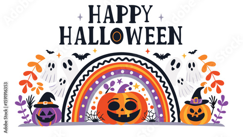 A festive halloween scene featuring pumpkins ghosts bats rainbow and the words happy halloween in bold letters