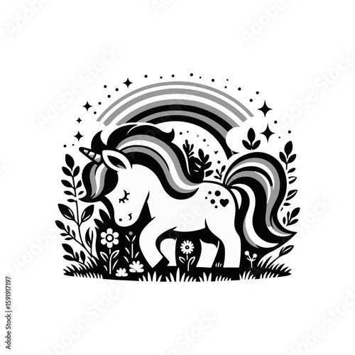  A unicorn foal with a rainbow mane