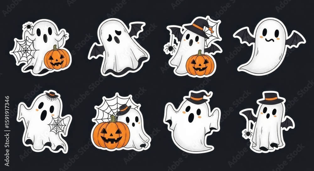 Obraz premium Collection of cute cartoon ghost stickers with pumpkins and spiderwebs on a dark background, perfect for Halloween decorations and festive themes.