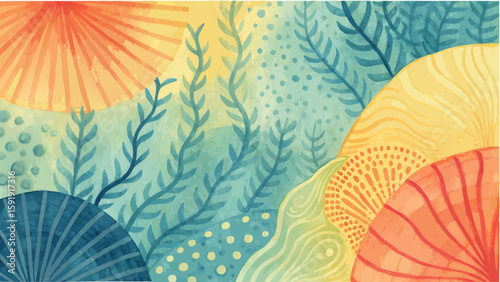 Watercolor painting of an underwater scene with plants, coral, and abstract shapes in blue and orange