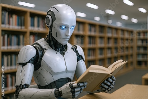 Robot Reading Book in Library Modern Technology Artificial Intelligence Education.