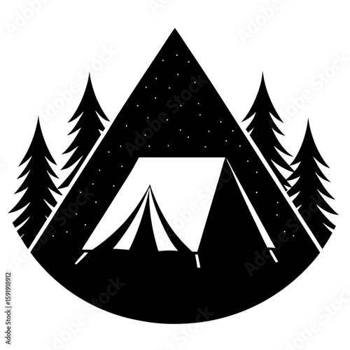 Silhouette of a camping tent under a starry night sky for outdoor adventures