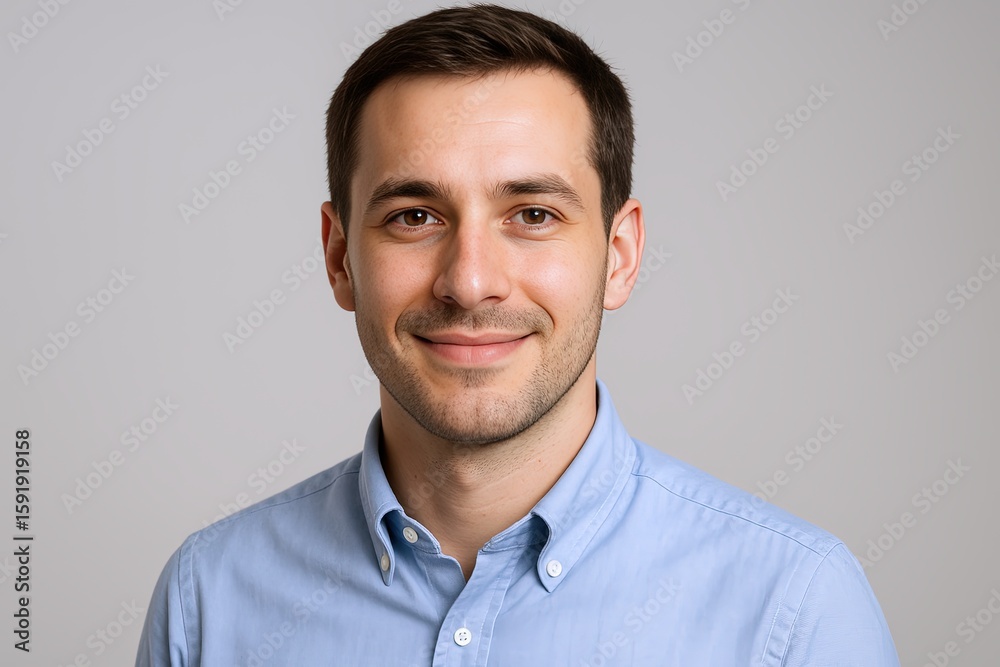 Professional Young Man Smiling Wearing Light Blue Shirt Portrait on Neutral Background. Professional Young Man Smiling Wearing Light Blue Shirt Portrait on Neutral Background.