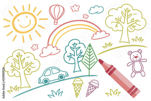 Childs drawing of a sunny day with a rainbow hot air balloon trees and car