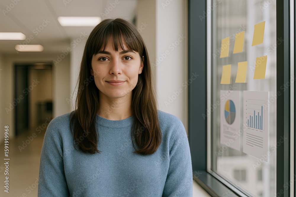 Young woman with long brown hair and bangs wearing blue sweater standing near window with charts and graphs in an office. Young woman with long brown hair and bangs wearing blue sweater standing near window with charts and graphs in an office.