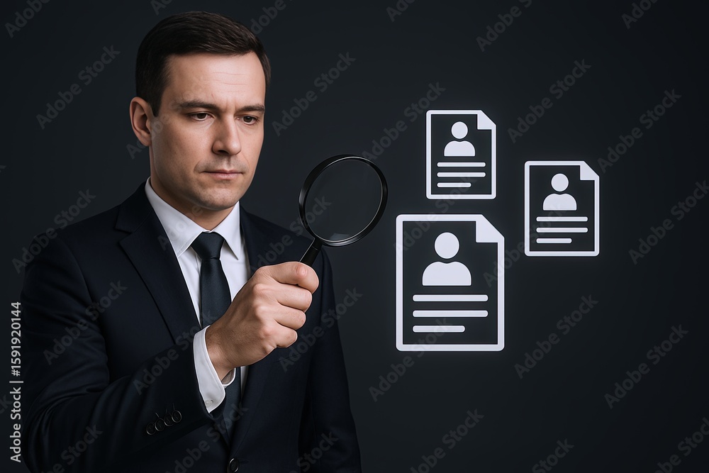 Businessman in suit holding magnifying glass analyzing digital candidate resumes. Businessman in suit holding magnifying glass analyzing digital candidate resumes.