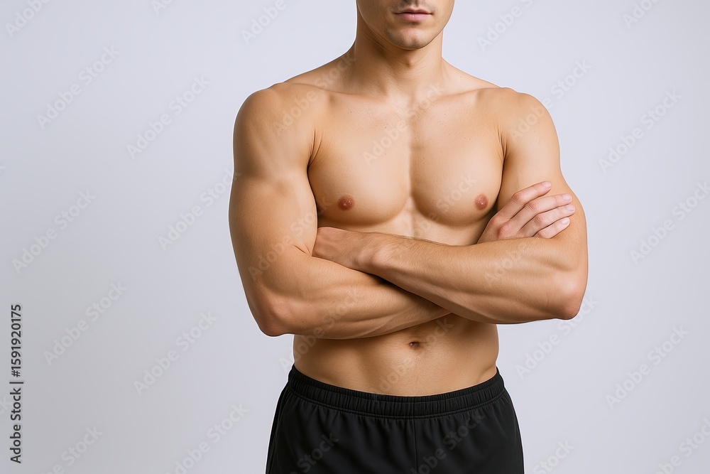 Fototapeta premium Muscular Upper Body Male Model with Crossed Arms Wearing Black Shorts Scout Portrait.