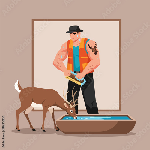 Muscular Man Cleaning Water with Deer Drinking in Illustration