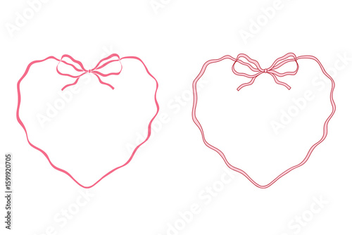 Valentine doodle frame with ribbon, bow, heart for wedding or holiday menu. Whimsical hand drawn border and pink decorative coquette line.