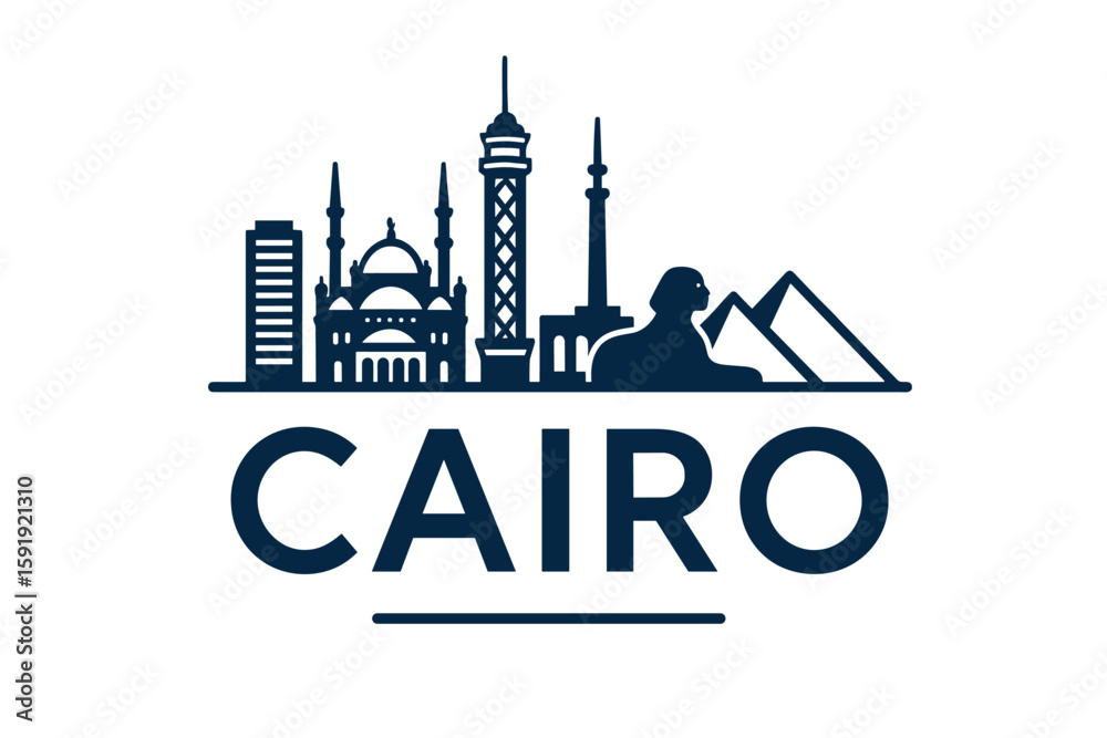 Fototapeta premium Cairo skyline with pyramids, mosque, tower and sphinx