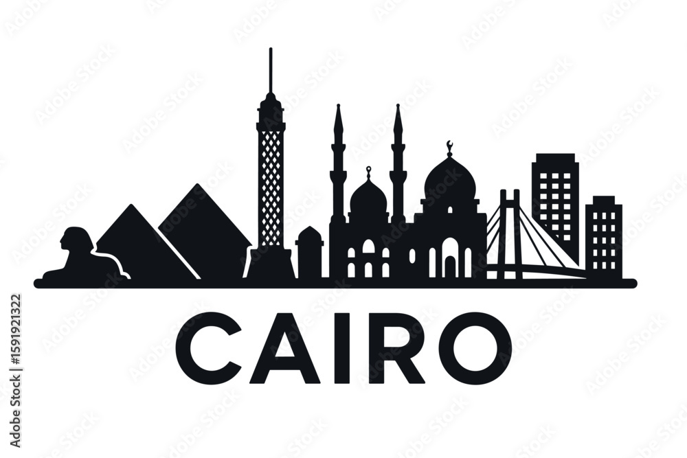 Fototapeta premium Cairo skyline with pyramids, mosque, tower and sphinx