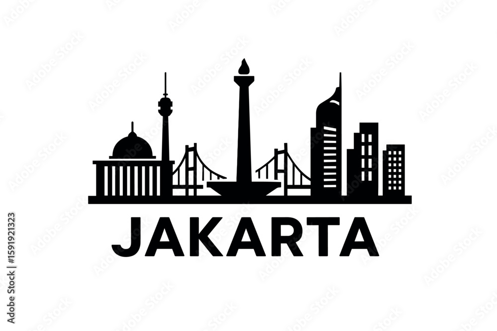 Fototapeta premium Jakarta skyline with Monas tower, mosque, and modern buildings