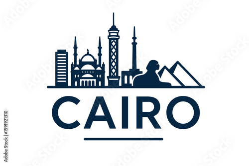 Cairo skyline with pyramids, mosque, tower and sphinx