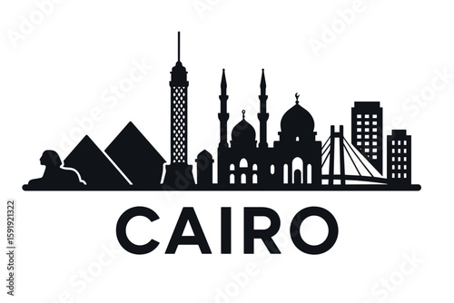 Cairo skyline with pyramids, mosque, tower and sphinx