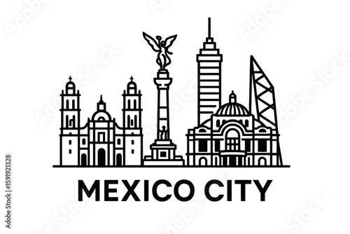 Mexico City skyline with Ángel de la Independencia and historic buildings