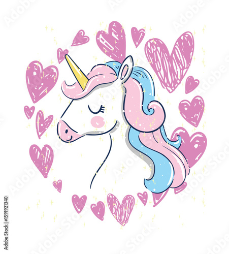 Hand Drawn Magic Unicorn Cute Pastel Vector Illustration with Hearts 