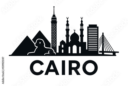 Cairo skyline with pyramids, mosque, tower and sphinx
