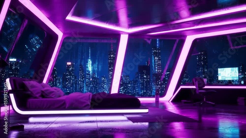Futuristic neon-lit bedroom with cyberpunk city view, pulsing lights, rain animation, and glowing “Stream starting…” text