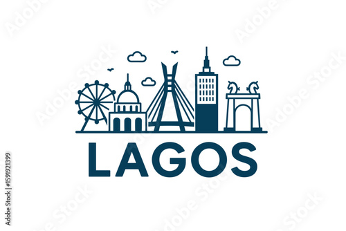Lagos skyline with mosque, bridge and modern architecture