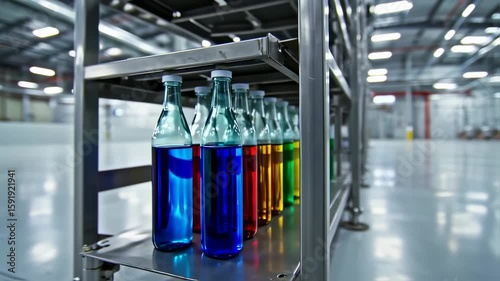 Colorful Liquid Bottles on Metal Shelves in Modern Industrial Warehouse