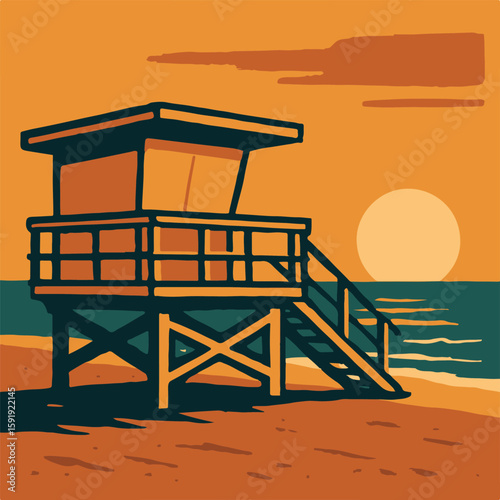 A lifeguard tower on a beach with the sun setting in the background on a warm summer evening scene