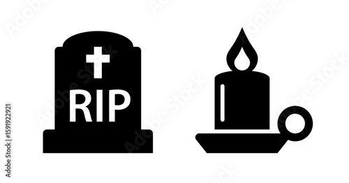 Black and white gravestone RIP icon with lit candle; somber, minimalist memorial design.