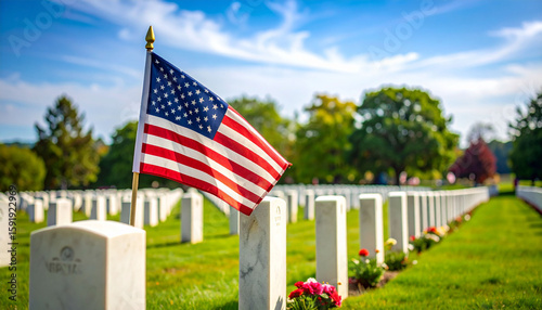 an american flag prominently displayed at a veterans cemetery, surrounded by graves marked with small american flags