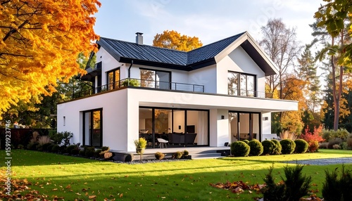 Modern home with autumn foliage