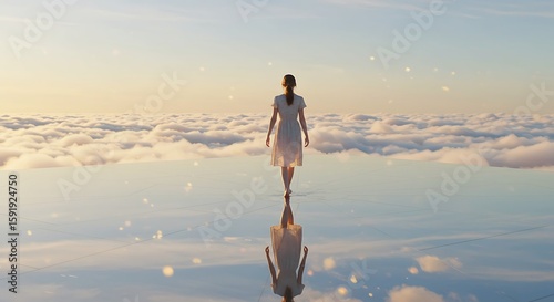 A woman in a white dress walks on a reflective water surface above the clouds. A surreal, dreamlike concept of a spiritual journey towards heaven or freedom.
