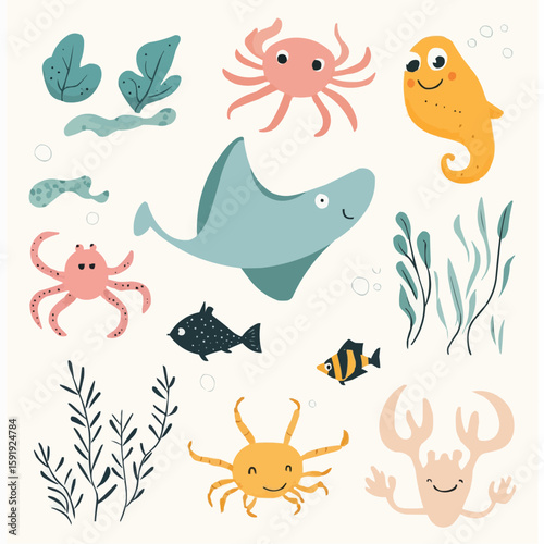Cute cartoon sea creatures including manta ray, seahorse, clownfish and coral plants, perfect for packaging design, nursery wall art and summer children’s products
