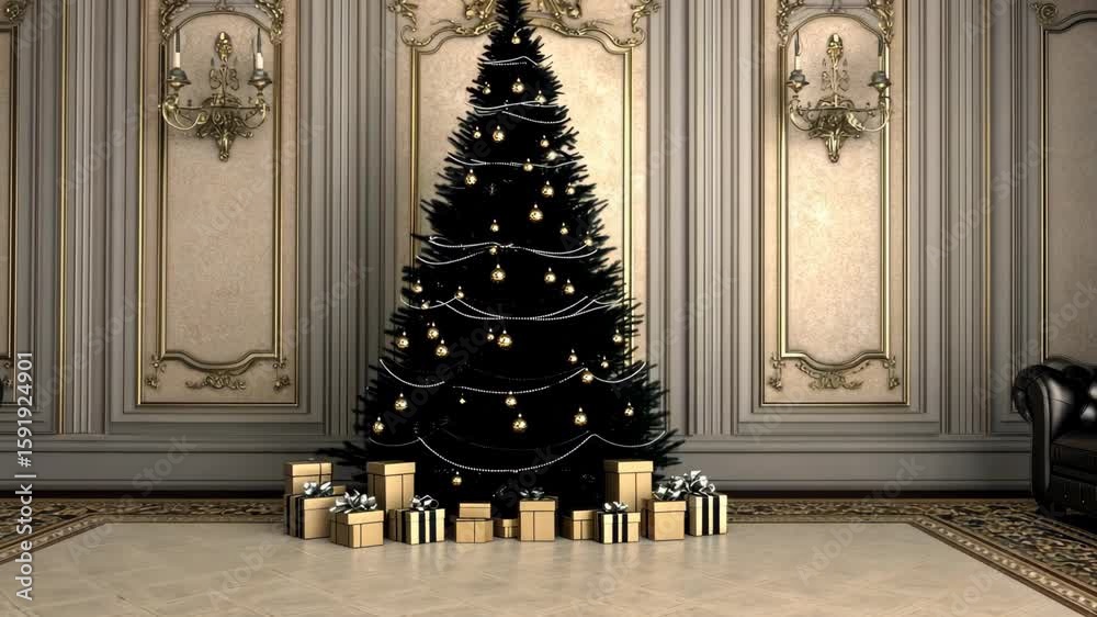 A beautifully decorated Christmas tree stands against an ornate wall, surrounded by neatly wrapped presents in a luxurious environment