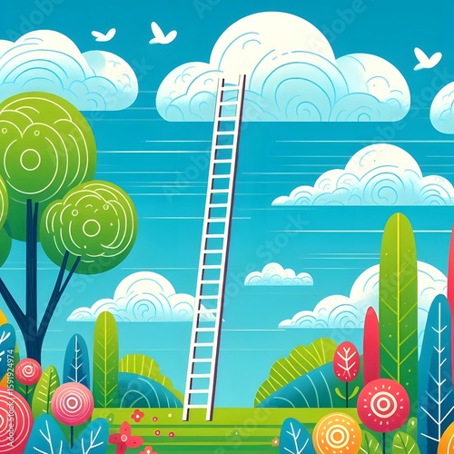long ladder from land to cloud vector style illustration