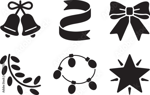 Christmas Silhouette Icons of Bells, Ribbon, Star, Bow, String Lights and Sparkling Ornament for Festive Holiday Designs

