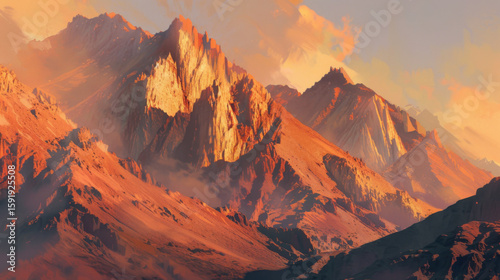 Mountain Peaks with Golden Hue, Generative AI Illustration