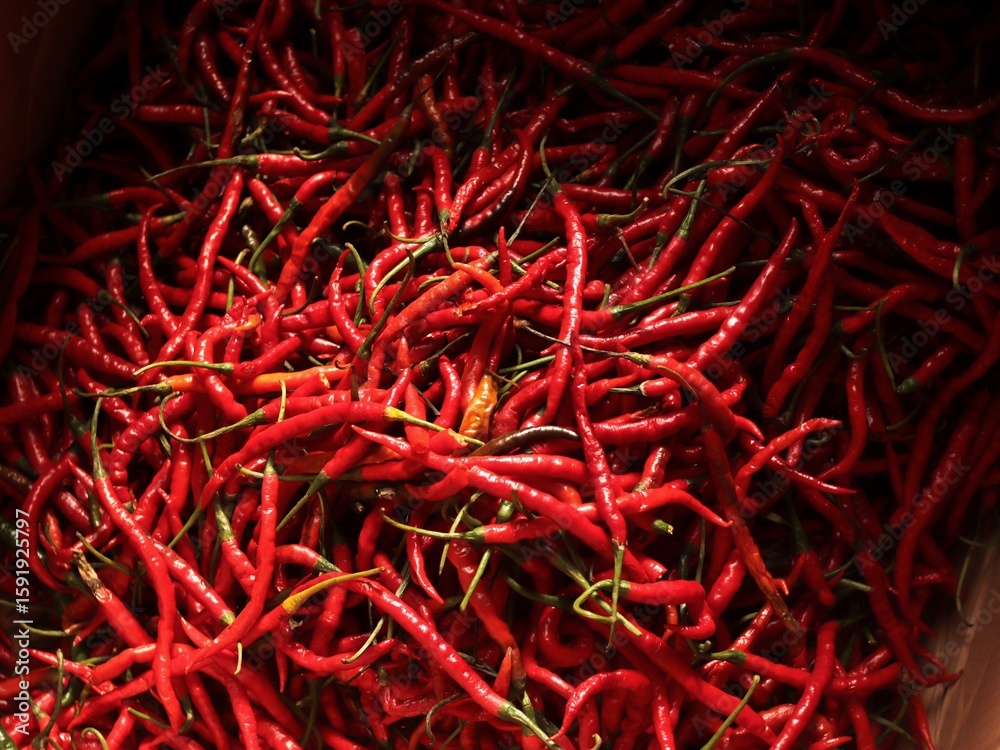 Fototapeta premium Curly red chilies at a traditional market. A background of spicy and fresh red chilies. A common ingredient in Asian cuisine.