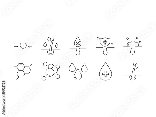 Skin care outline icon set. Containing Skin care, Moisture cream, collagen, treatment, dermatology, and more. Editable stroke. Vector illustration.