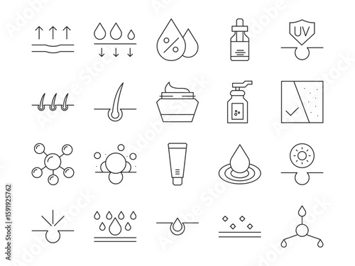 Skin care outline icon set. Containing Skin care, Moisture cream, collagen, treatment, dermatology, and more. Editable stroke. Vector illustration.