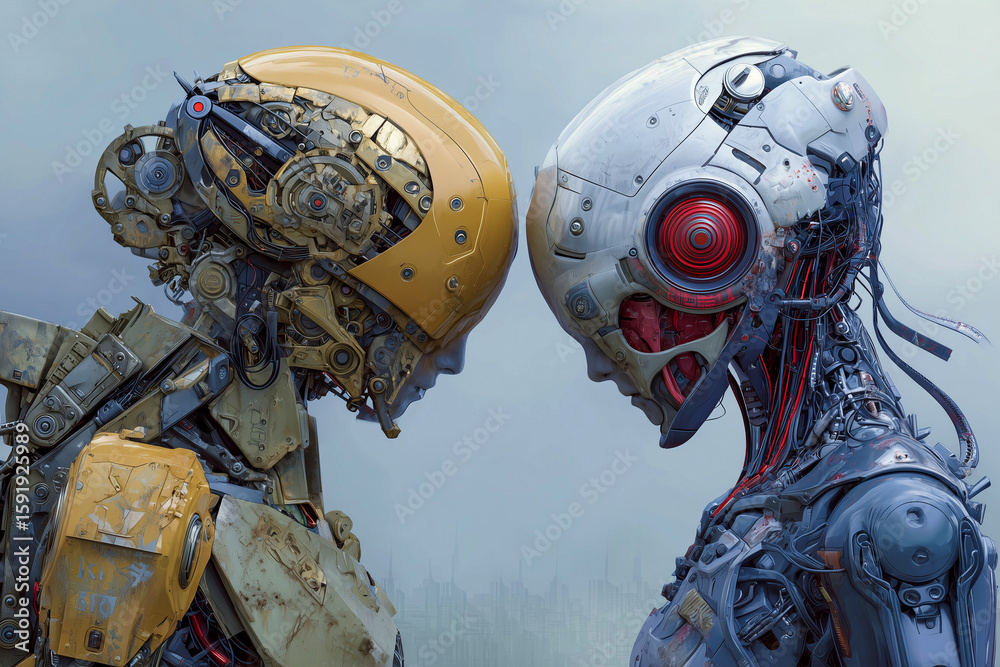 Fototapeta premium A captivating visual of two advanced humanoid robots, one golden and one white, facing each other in a moment of profound connection, symbolizing the evolving relationship between artificial intellige