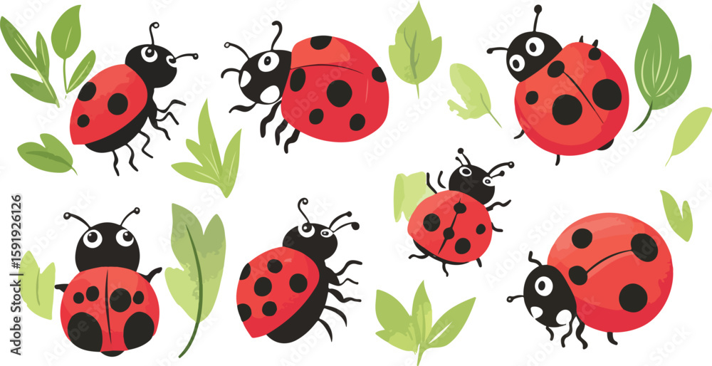 Fototapeta premium Cute Cartoon Ladybug Seamless Pattern with Green Leaves on White Background